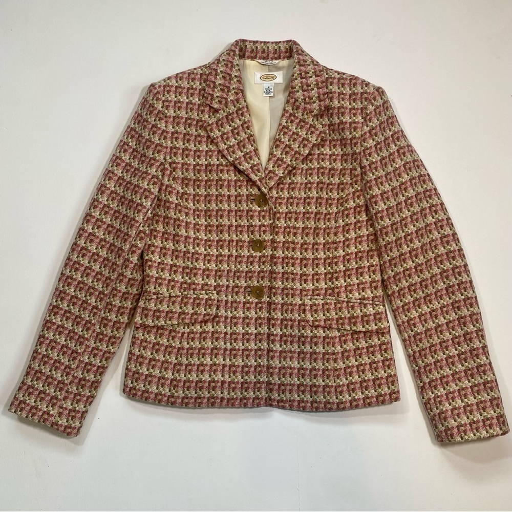 Vintage Talbots Tweed Blazer. Size 4 pink, green, and beige.